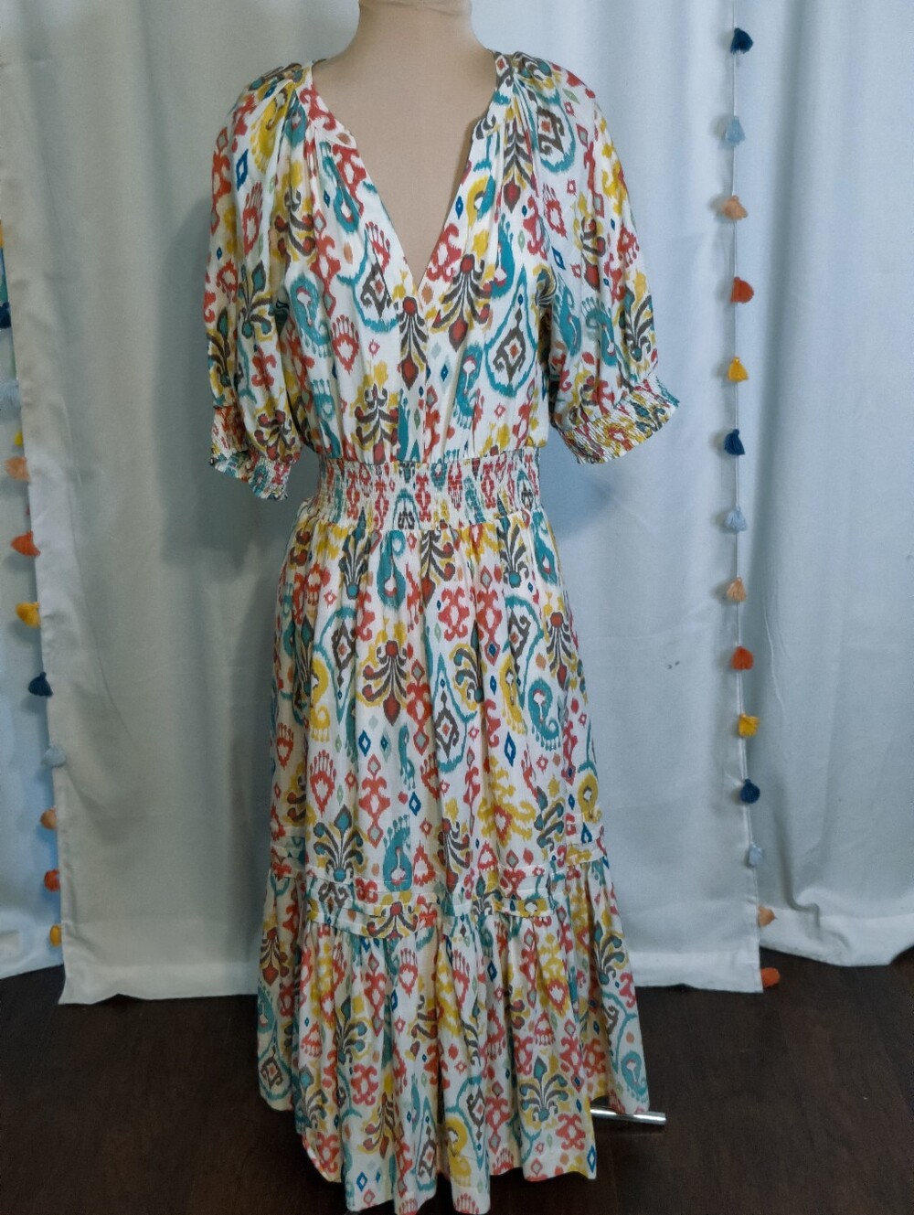 Anthropologie Ikat Tiered Maxi Sun Dress Smocked Waist  Pouf Sleeves Summer Cool
